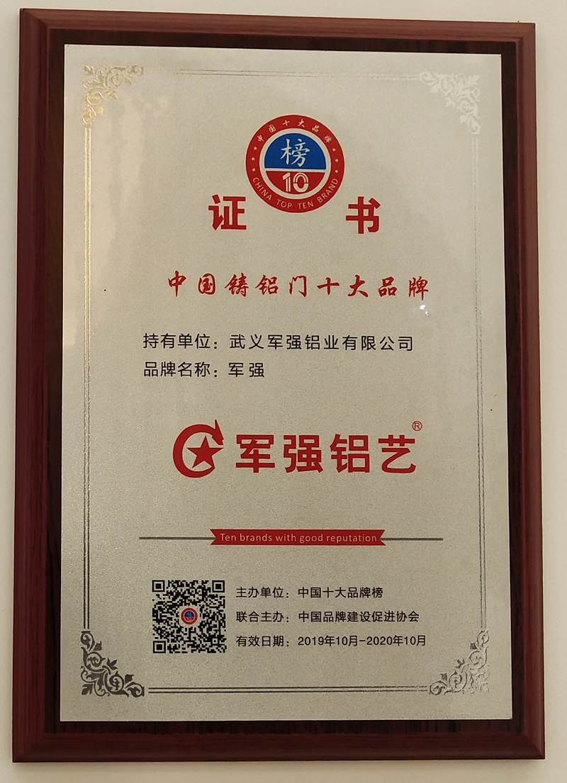 2020年鑄鋁門十大品牌,熱烈祝賀軍強(qiáng)門業(yè)榮獲鑄鋁門十大品牌稱號(hào) 2020年鑄鋁門十大品牌,熱烈祝賀軍強(qiáng)門業(yè)榮獲鑄鋁門十大品牌稱號(hào)